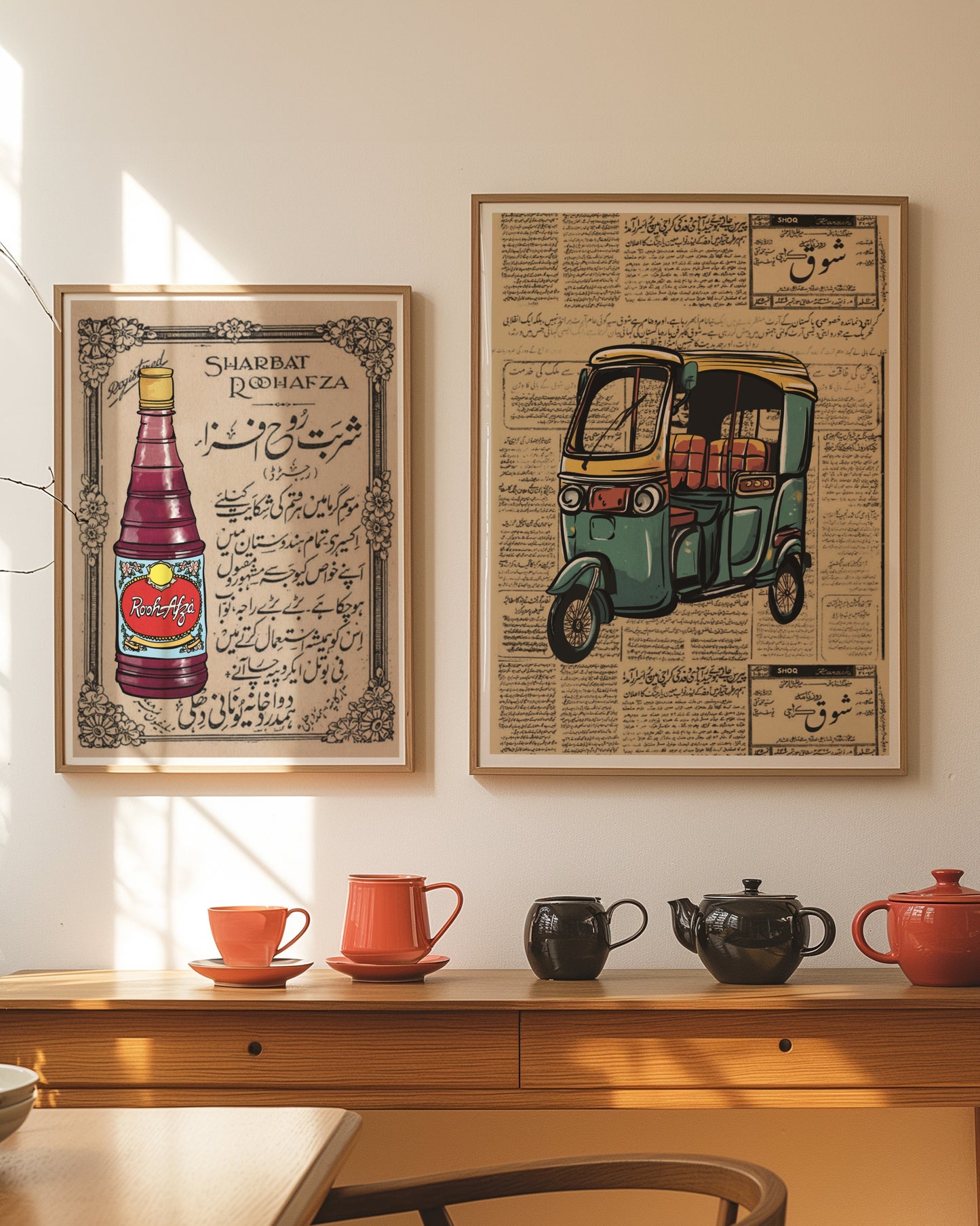Vintage Rickshaw Art Print with Urdu Newspaper Background
