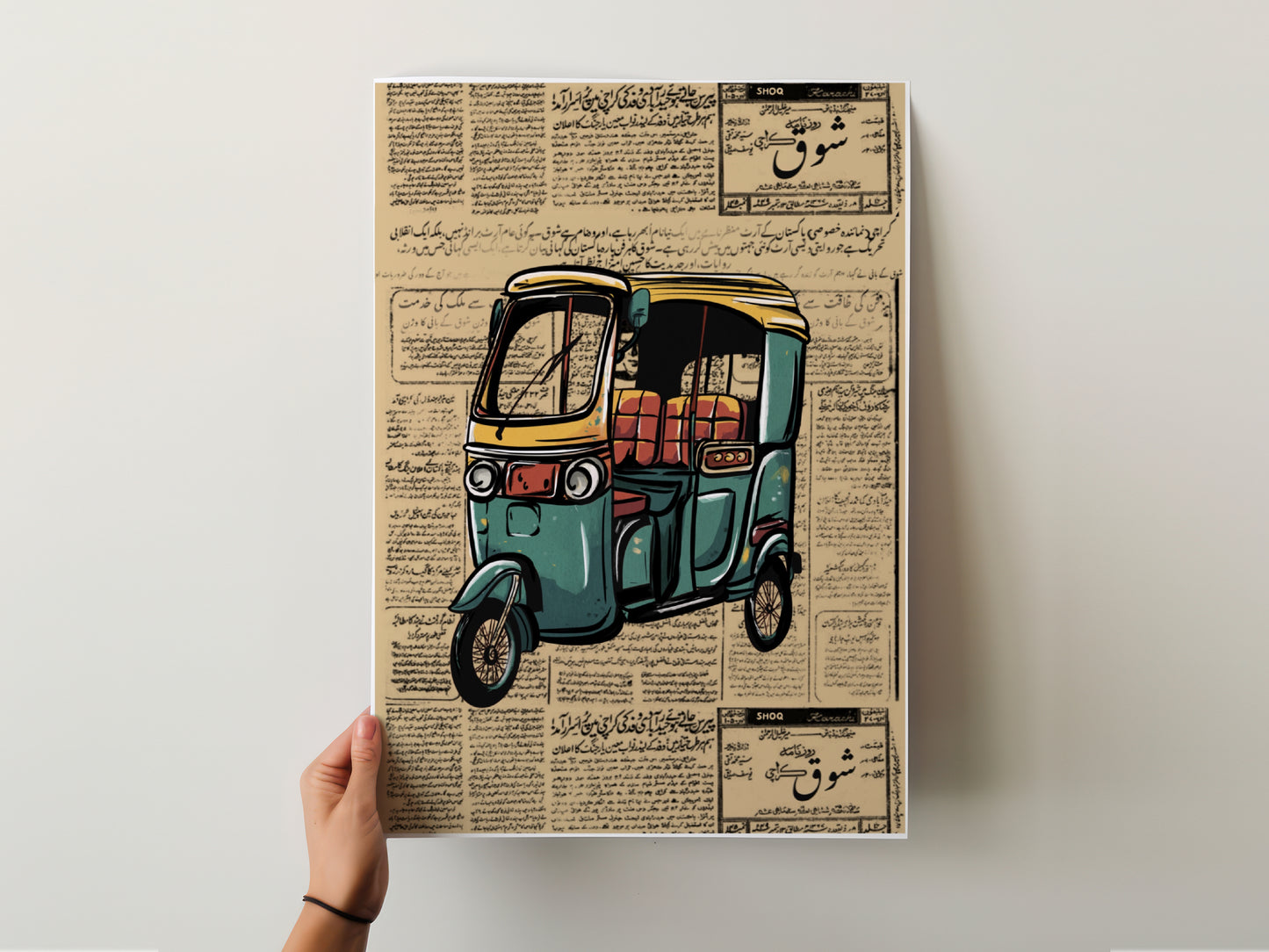 Vintage Rickshaw Art Print with Urdu Newspaper Background