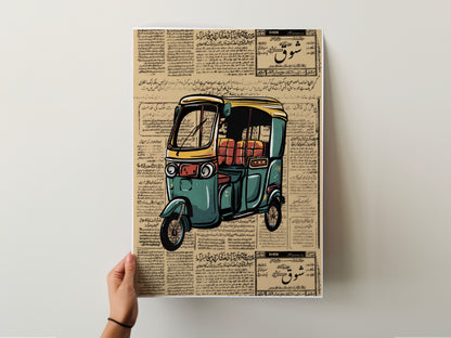 Vintage Rickshaw Art Print with Urdu Newspaper Background