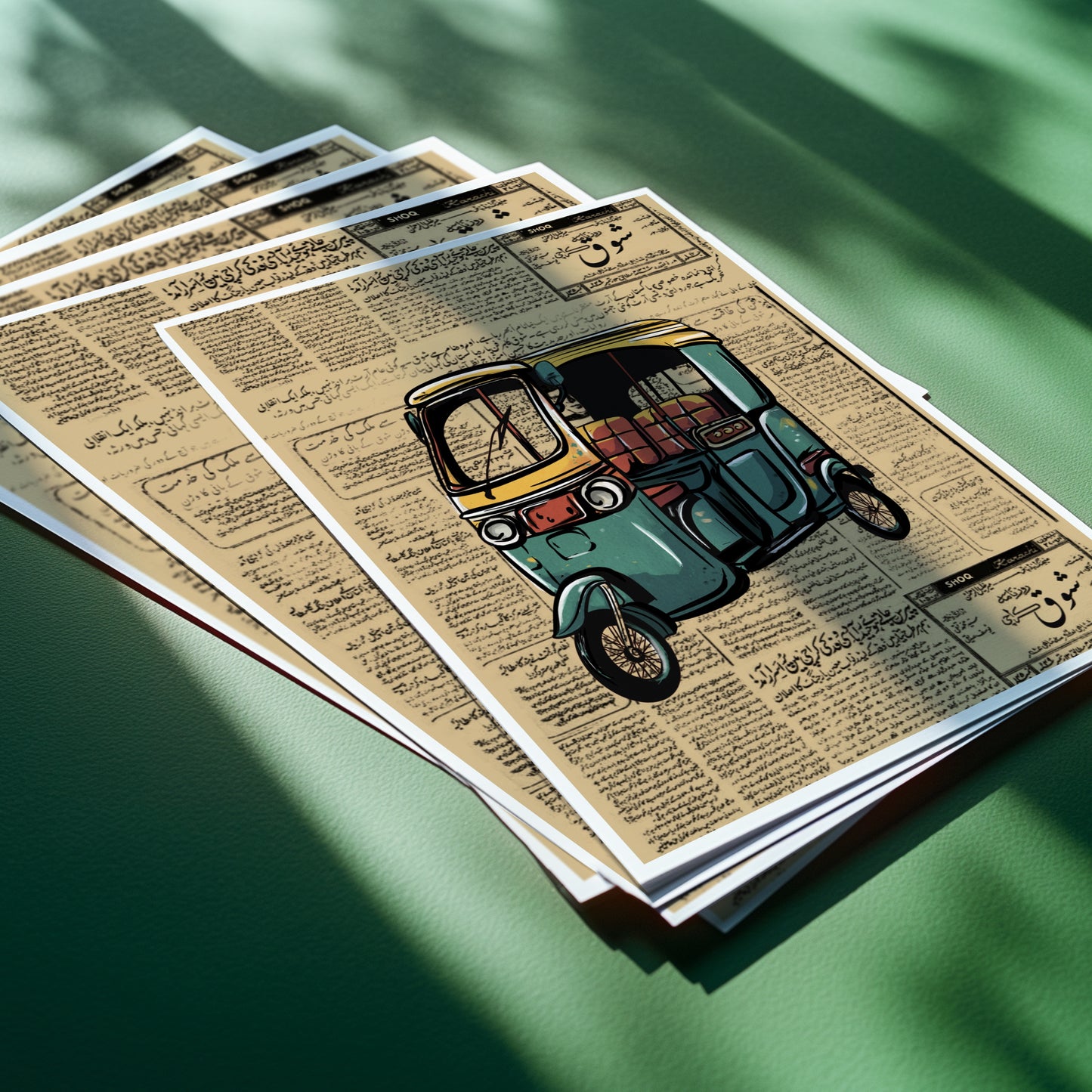 Vintage Rickshaw Art Print with Urdu Newspaper Background